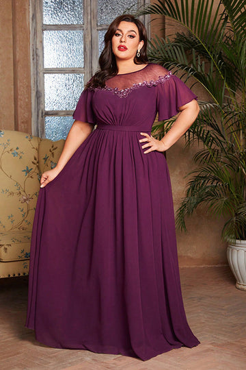 Winogronowy Szyfon Plus Size Długa Sukienki Na Wesele z Rękawy